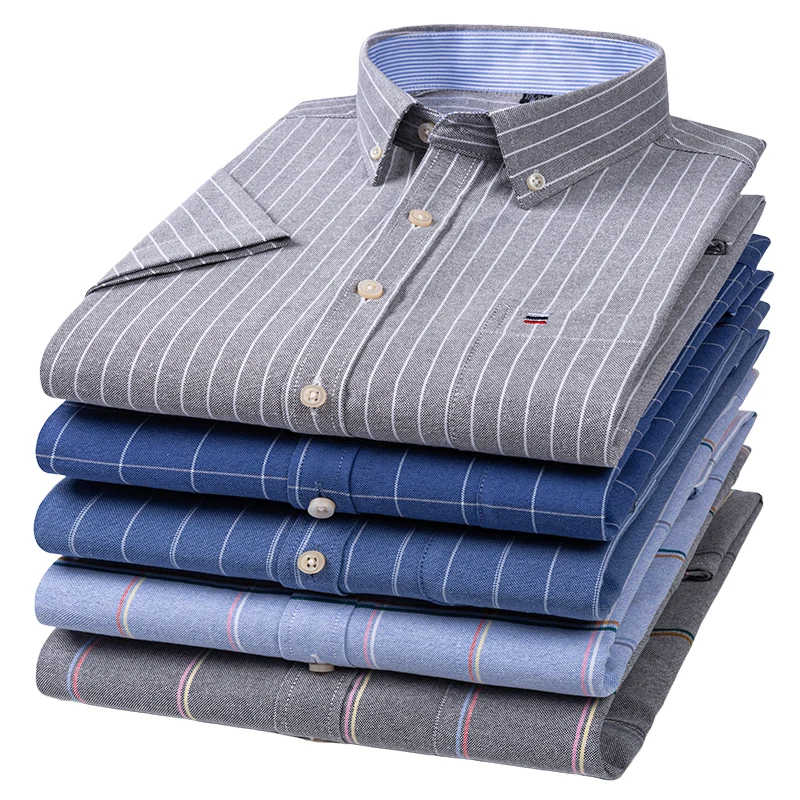 Top Trends: 4XL-5XL-6XL-7XL 100% Pure Cotton Oxford Shirts For Men Short Sleeve Plaid Shirt Striped Male Shirt Business Social Formality Top Shoppable Styles