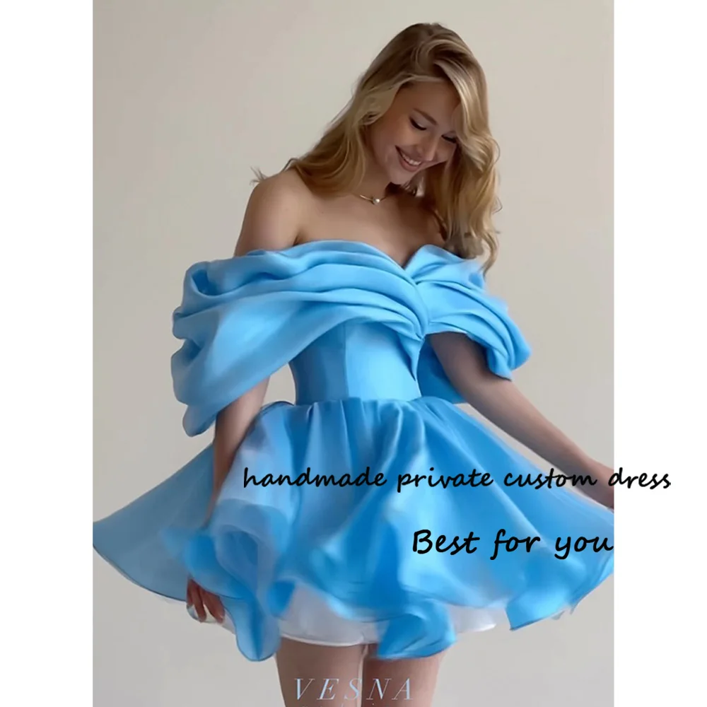 Top Trends: Sky Blue Short Prom Dresses Off Shoulder Pleats Satin A Line Evening Party Dress For Teens Homecoming Dress Above Knee Shoppable Styles