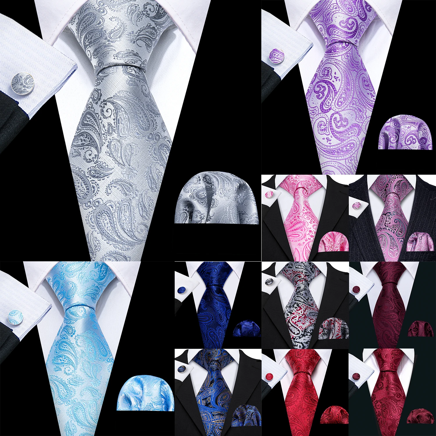 Top Trends: Barry.Wang Designer Silk Mens Tie Hankerchief Cufflinks Set Jacquard Paisley Silver Pink Blue Necktie For Wedding Party Business Shoppable Styles