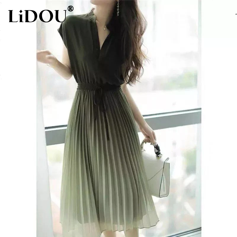 Top Trends: Summer Elegant Fashion Solid Gradient Chic Dress Women Short Sleeve V Neck Aesthetic Vestidos De Fiesta Sweet Sexy Robe Femme Shoppable Styles