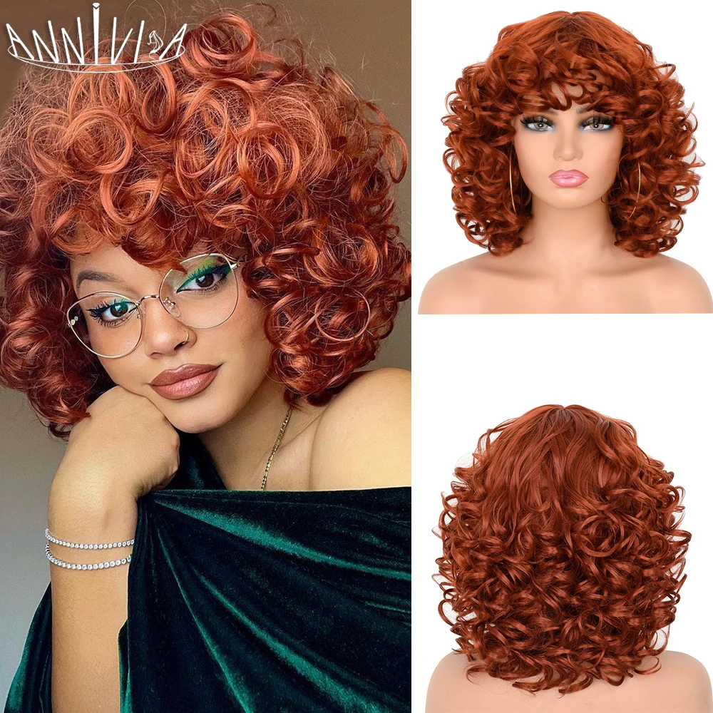 Top Trends: Copper Red Curly Wig Afro Short Kinky Curly Big Bouncy Wig With Bangs For Women Synthetic Hair Wig For Daily Use Party Cosplay Shoppable Styles