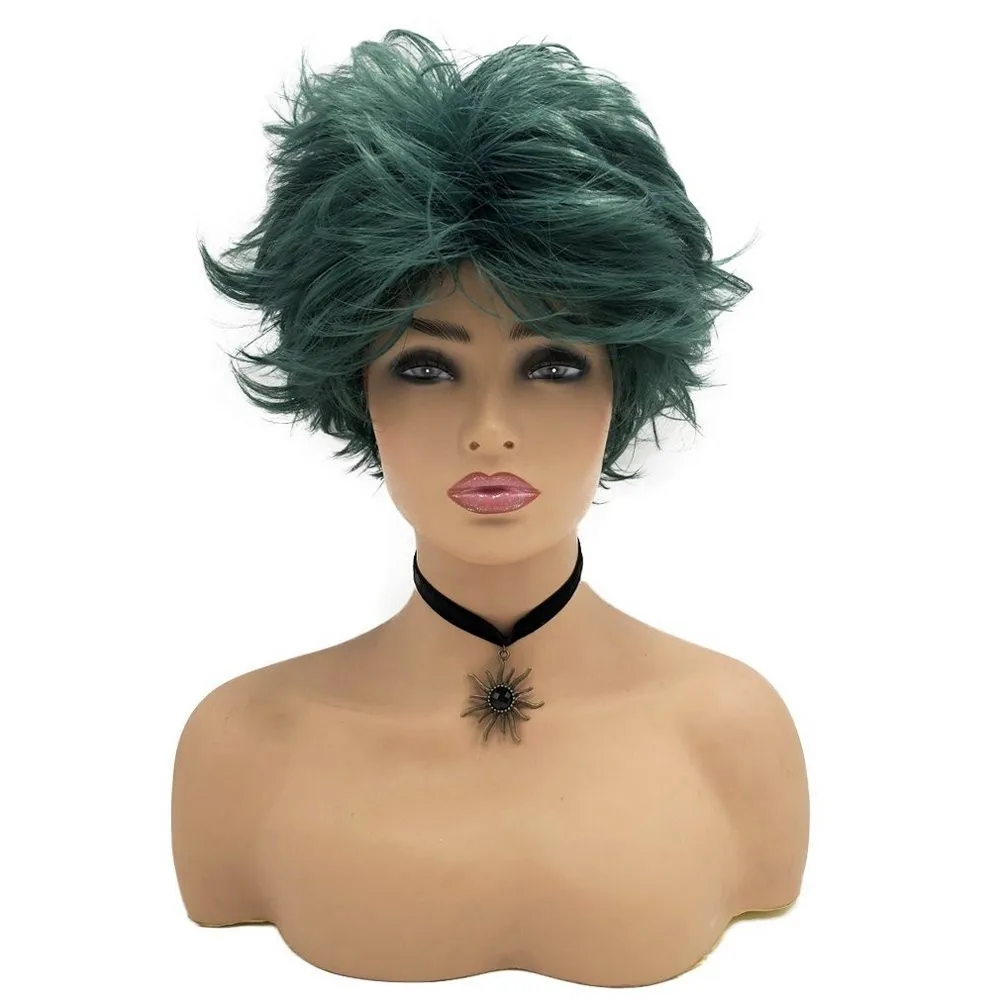 Top Trends: Short Cosplay Wig Synthetic Straight Slightly Curly Hair Dark Green For Women Or Men Head Cover Shoppable Styles