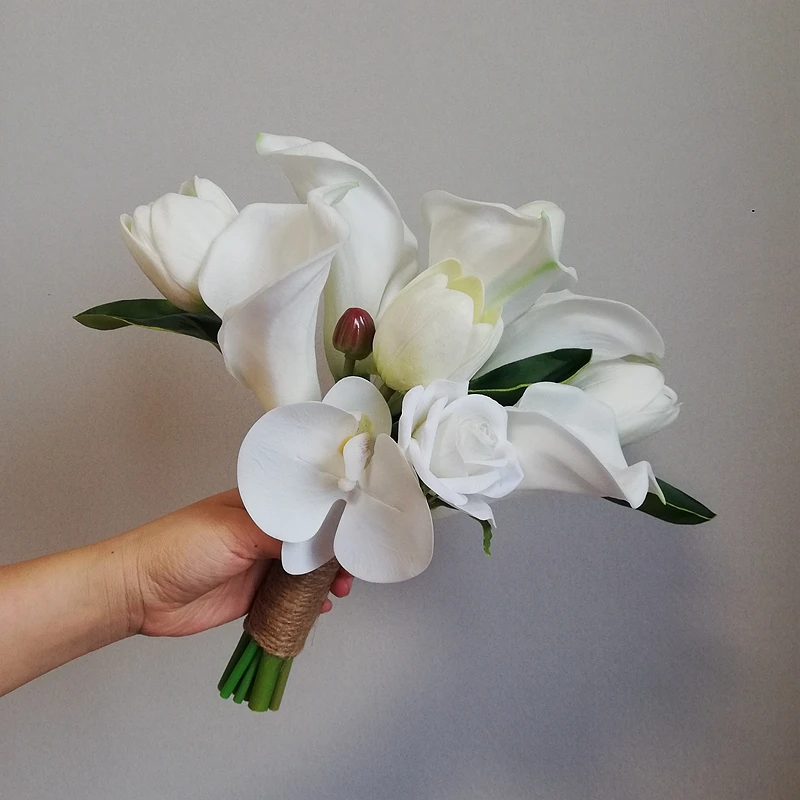 Top Trends: Holding Flowers Artificial Natural Calla Lily Wedding Bouquet With Silk Tulip Pure White Bridesmaid Bridal Party Бутоньерки Shoppable Styles