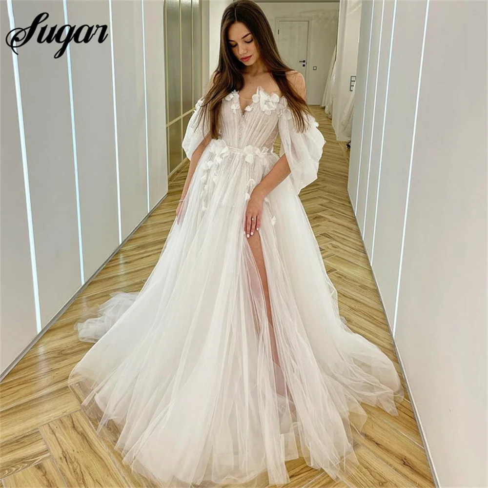 Top Trends: Wedding Dresses Fairy Sweetheart Neck Boho Bride Dresses 3D Flowers Puff Sleeve Elegant Wedding Gowns Suknia ślubna Bridal Gown Shoppable Styles