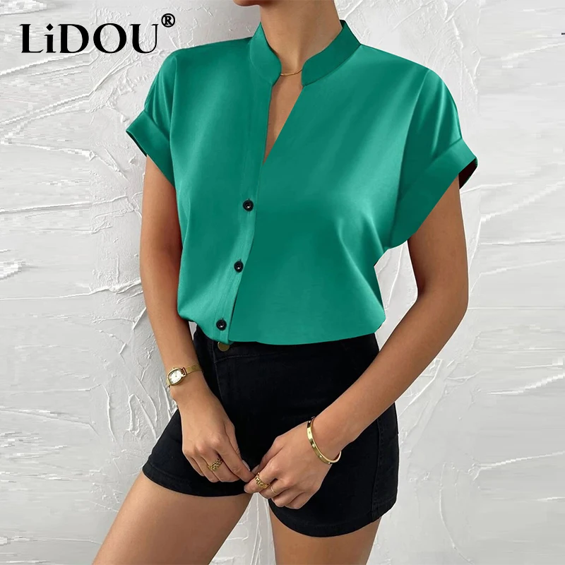 Top Trends: Summer New Elegant Fashion Solid Color Shirt Ladies Stand Collar Short Sleeve Buttons Cardigan Top Women Simple All-match Blouse Shoppable Styles