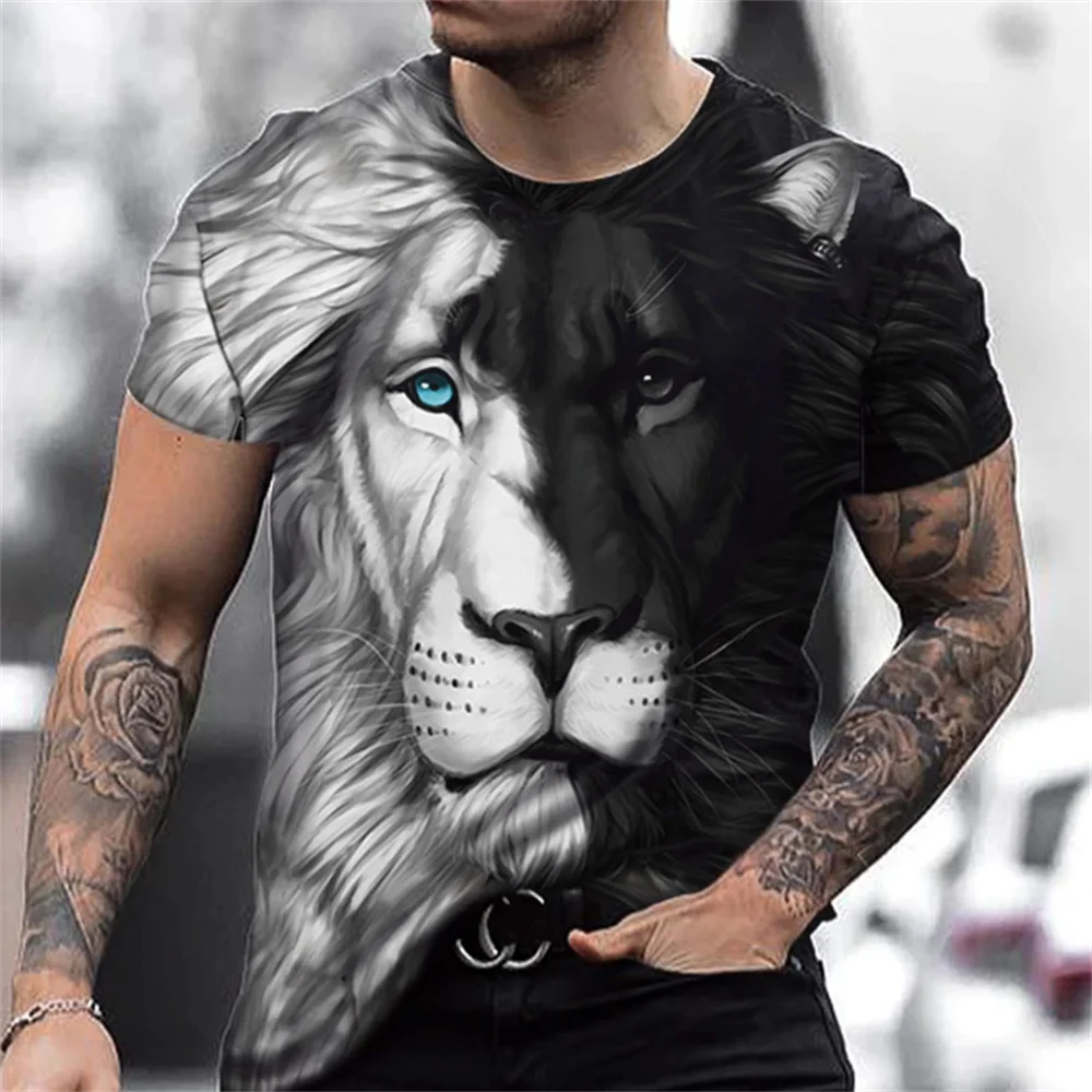 Top Trends: Lion Fighting Animal Beast Fierce Lion Print 3D T Shirt New Summer Men's Oversized Short Sleeve Black And White Design Polyester Shoppable Styles