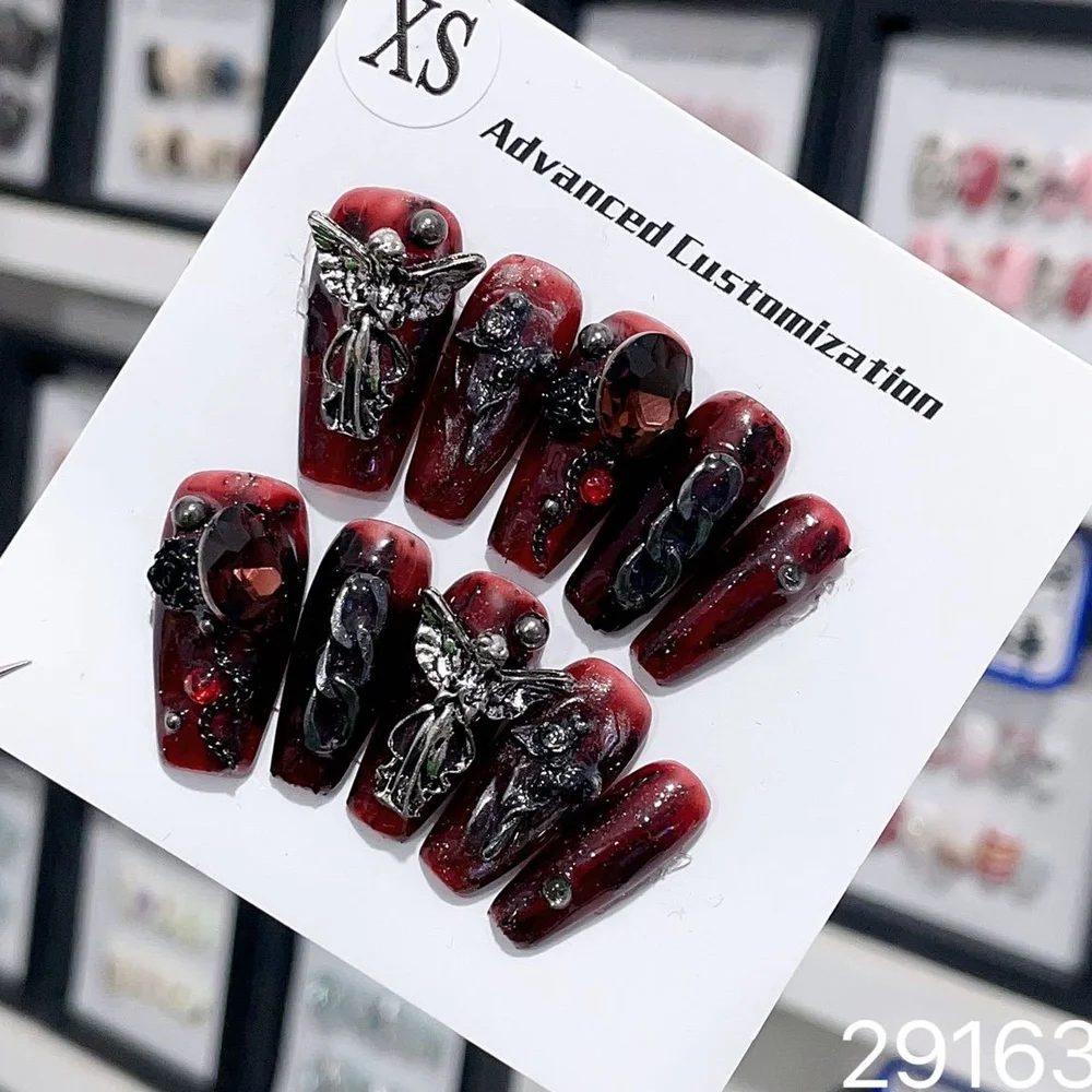 Top Trends: Handmade Y2k Press On Nails Goth Style Black And Red Halloween Fake Nails With Design Full Cover Long Coffin Acrylic Nail Tips Shoppable Styles