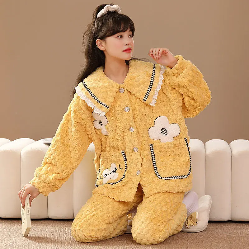 Top Trends: 2023 Autumn Winter New Women Pajamas Flannel Thickened Warm Two-Piece Suit Loose Casual Home Wear Fashion Nightclothes Shoppable Styles