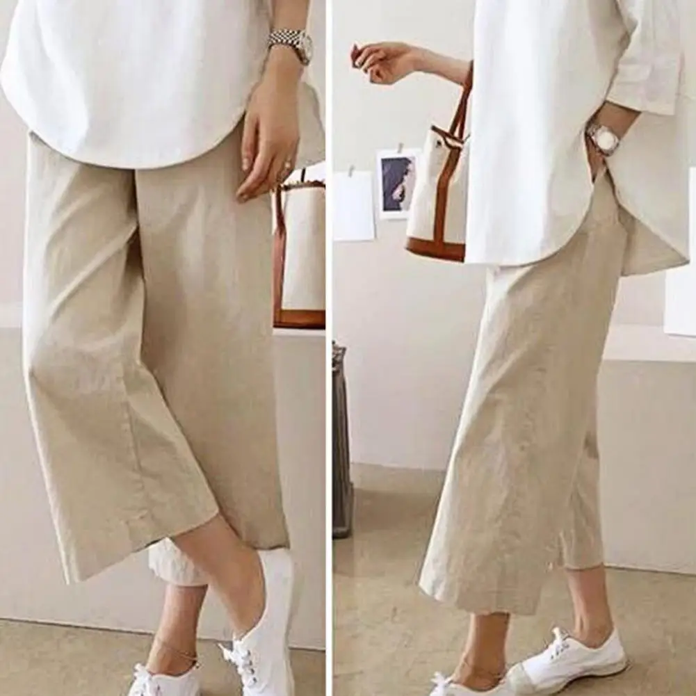 Top Trends: Elastic Waist Straight Wide Leg Flax Pants Women Solid Color Pockets Casual Pants Lady Clothing Vintage Cotton Linen Capris Shoppable Styles