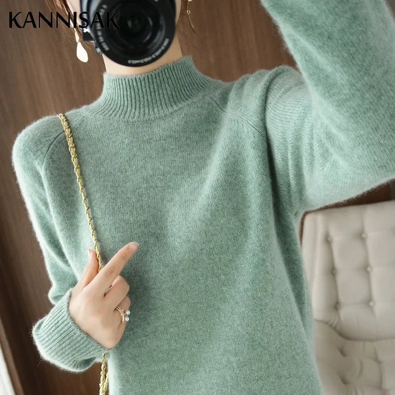 Top Trends: 2023 Autumn Winter Thick Warm Sweater Women Half High Collar Cashmere Sweater Korean Solid Green Casual Basic Pullover Knitwear Shoppable Styles