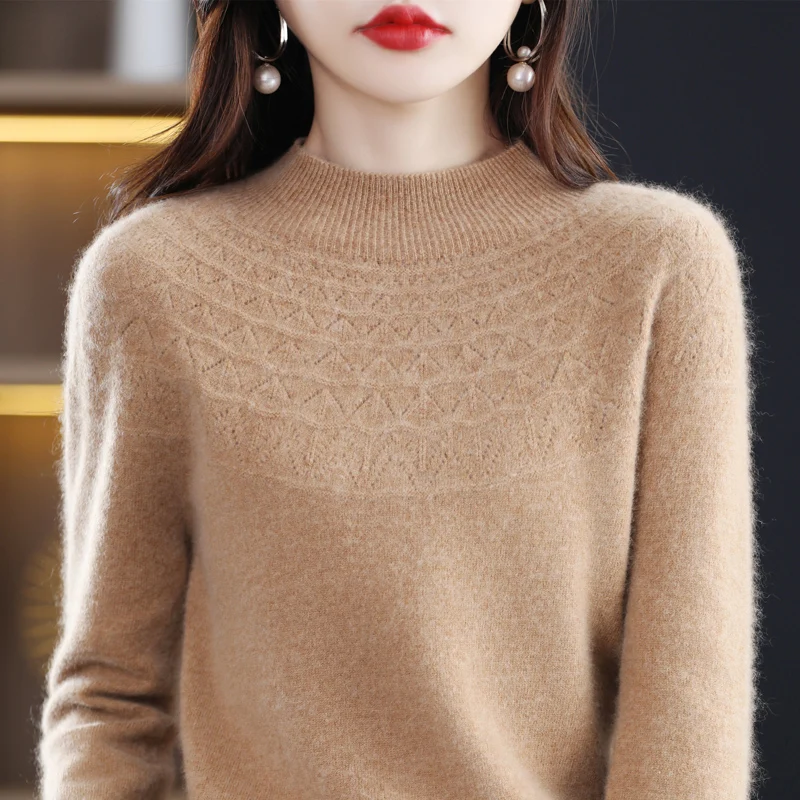 Top Trends: New Cashmere Sweater In Autumn And Winter 100% Pure Wool Women's Semi-high-necked Knitted Pullover Hollowed-out Fashion Top Shoppable Styles - Image 3