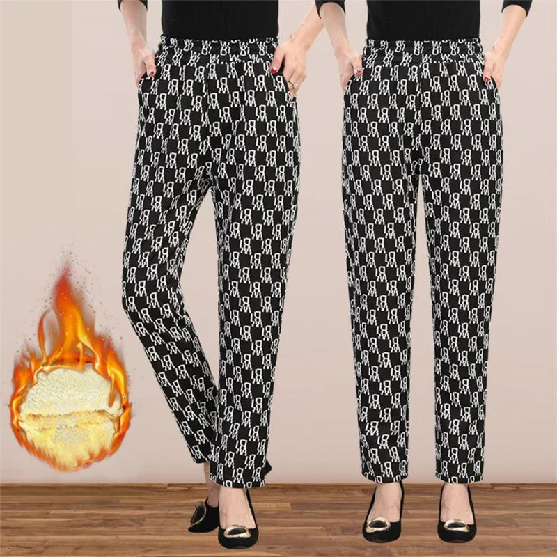 Top Trends: Winter Plush Warm Middle Aged Women Elastic High Waist Casual Trousers Female Fashion Plaid Letter Printed Pencil Pants Clothing Shoppable Styles