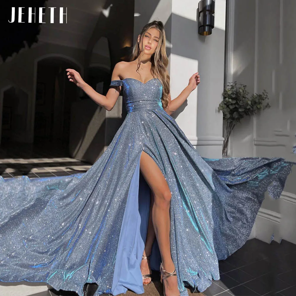 Top Trends: JEHETH Women Sky Blue Shiny Off The Shoulder Evening Dresses Soft Satin Sweetheart Side Split Sexy Long Prom Formal Party Gowns Shoppable Styles