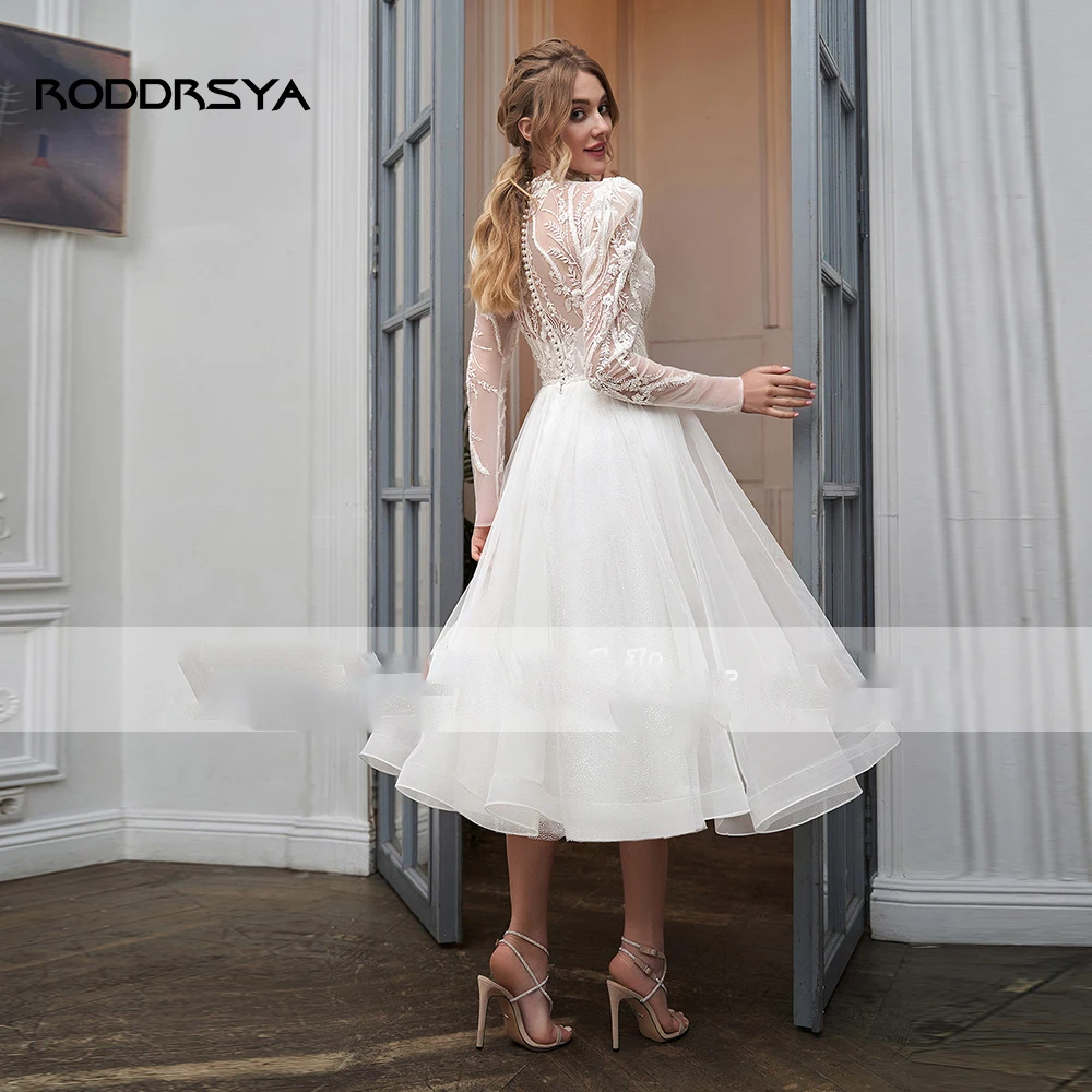 Top Trends: RODDRSYA High Collar With Sleeve Luxury Applique Wedding Dress Short Tulle Custom Elegant Tea Length Bride Gown Button Vestidos Shoppable Styles - Image 2