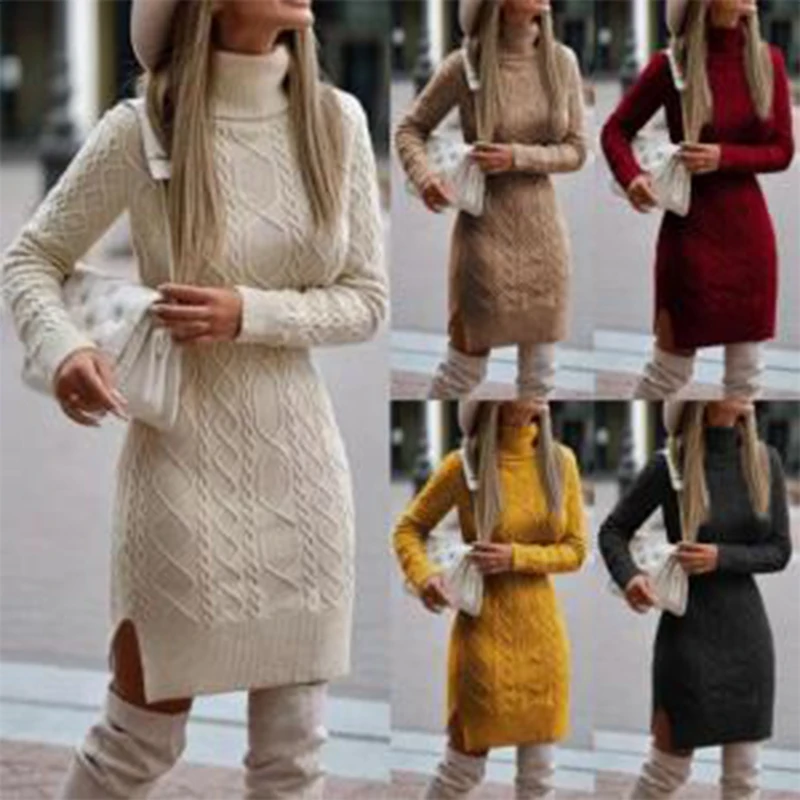 Top Trends: Warm Knitted Dresses Women High Neck Slim Solid Wool Mini Dresses Fashion Ladies Basic Long Sleeve Winter Autumn Warm Dresses Shoppable Styles - Image 3