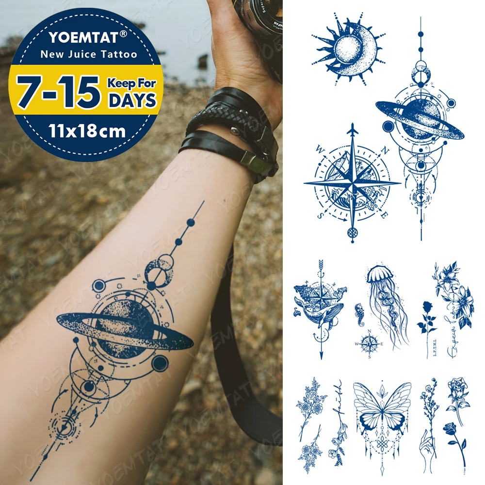 Top Trends: Semi-Permanent Waterproof Temporary Tattoo Sticker Universe Compass Planet Genipin Herbal Jellyfish Juice Lasting Ink Fake Tatoo Shoppable Styles