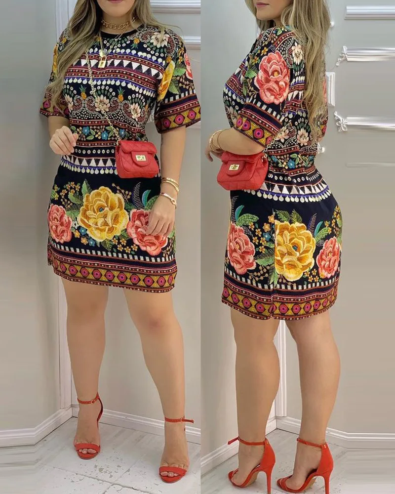 Top Trends: Print Dress Women Summer 2022 New Fashion Short Sleeve Casual Printing Boho Mini Dresses Shoppable Styles