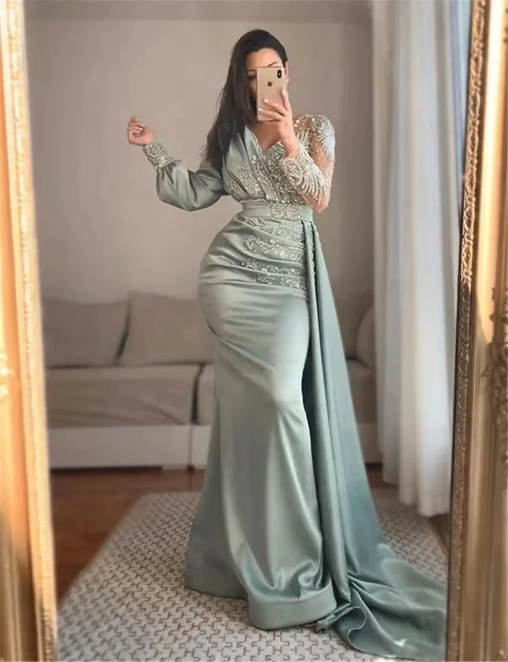 Top Trends: Elegant Satin V Neck Mermaid Evening Dresses 2024 Saudi Arabia Lace Applique Beads Party Gowns Full Sleeves Formal Prom Dress Shoppable Styles