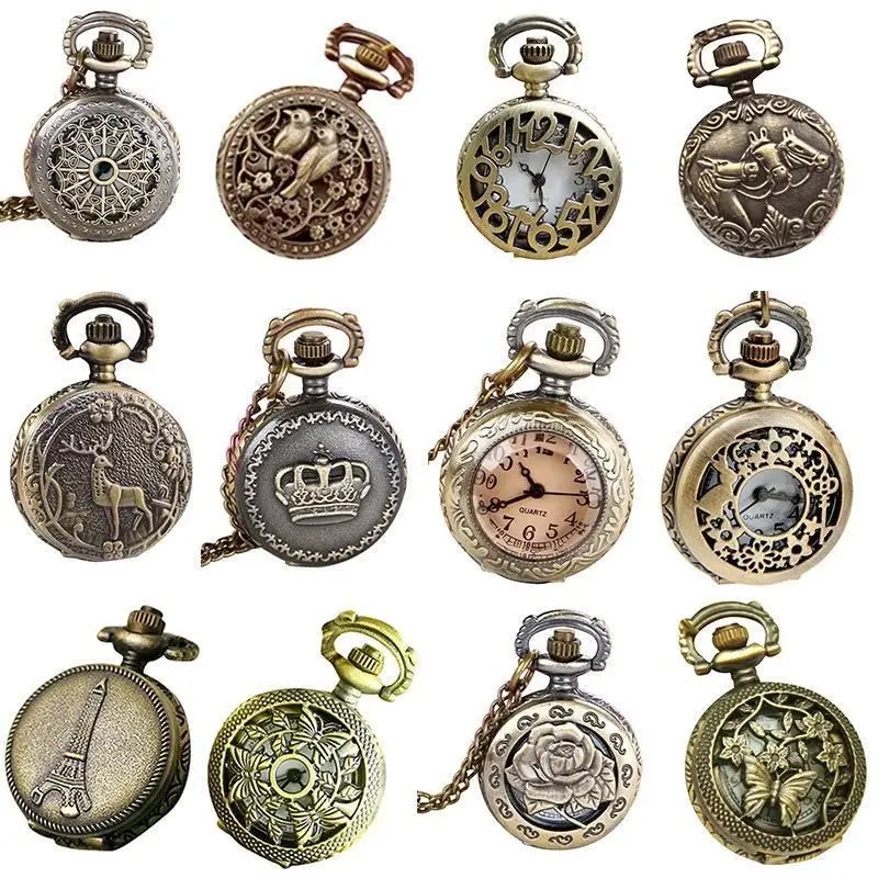 Top Trends: Vintage Pocket Small Watch Steampunk Quartz Watch With Chain Hollow Heart Cover Necklace Bronze Color Alloy Fob Clock Men Gift Shoppable Styles