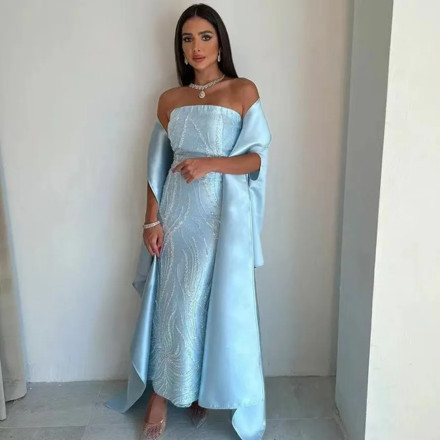 Top Trends: Sky Blue Sheath Prom Dresses Strapless Long Elegant Party Women Wear For Evening With Wraps Saudi Arabia Vestidos De Novia Shoppable Styles