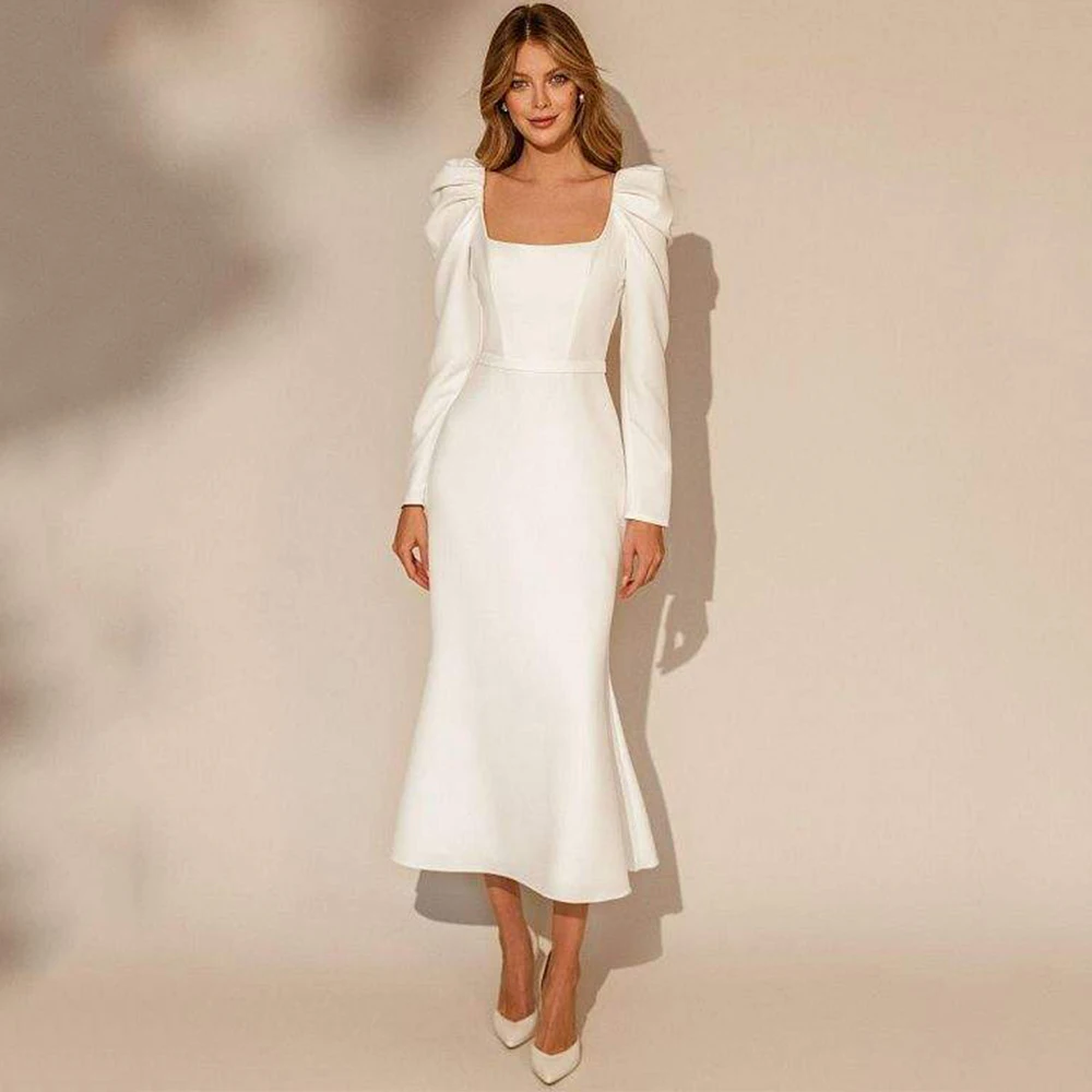 Top Trends: Vintage Square Collar Long Sleeve Wedding Dress With Belt Open Back Mermaid Mid-Calf Bridal Custom Made Civil Marriage Gowns Shoppable Styles