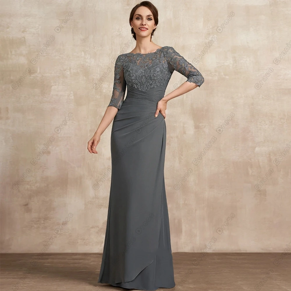 Top Trends: Grey Three Quarter Mother Of Bride Dresses With Lace Sheath Chiffon Scoop Wedding Party Dresses Zipper Back Robe De Soirée 2023 Shoppable Styles