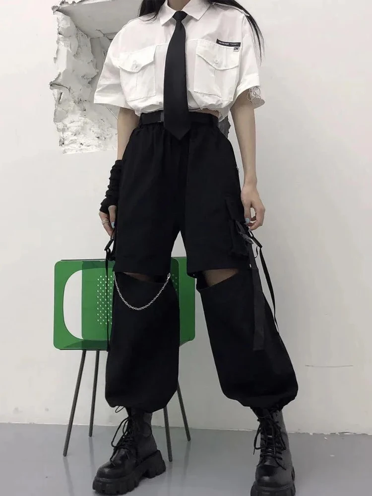 Top Trends: HOUZHOU Gothic Streetwear Women's Cargo Pants With Chain Punk Techwear Black Oversize Korean Fashion Wide Leg Trousers 2021 Alt Shoppable Styles