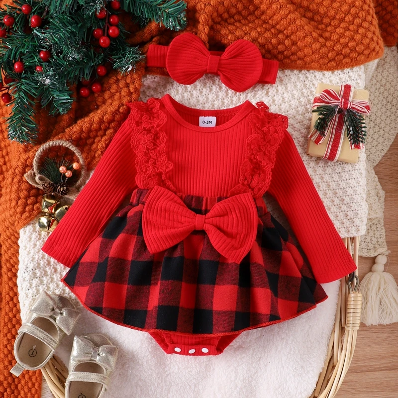 Top Trends: Christmas 0-1Y Infant Baby Girls Romper Dress Plaid Print Patchwork Long Sleeve Round Neck Lace Jumpsuit + Headband Shoppable Styles