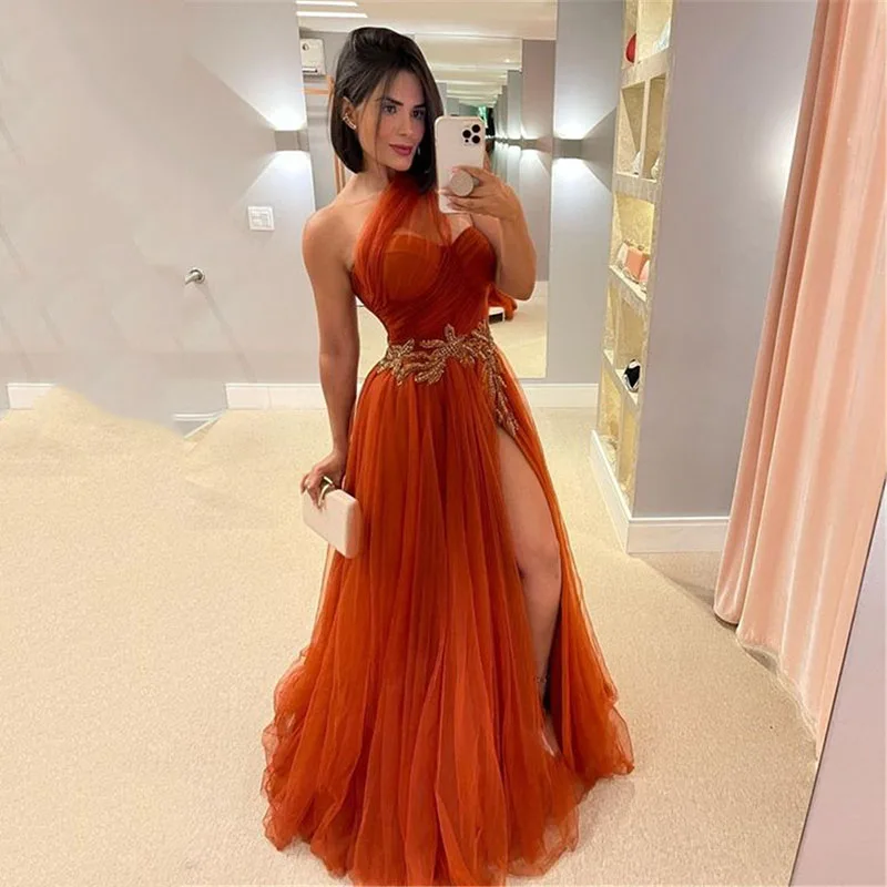 Top Trends: Smileven Orange Prom Dress A Line Puff Tulle Evening Dress Side Split Lace Saudi Arabia Evening Party Gowns Shoppable Styles