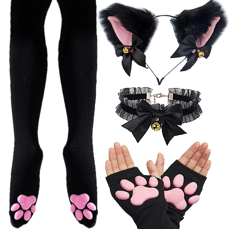 Top Trends: Cat Paw Thigh High Socks Golves Set Sleeves Cute Soft 3D Toe Beans Stocking Mittens Kitten Claw Pad Socks For Girl Women Cosplay Shoppable Styles