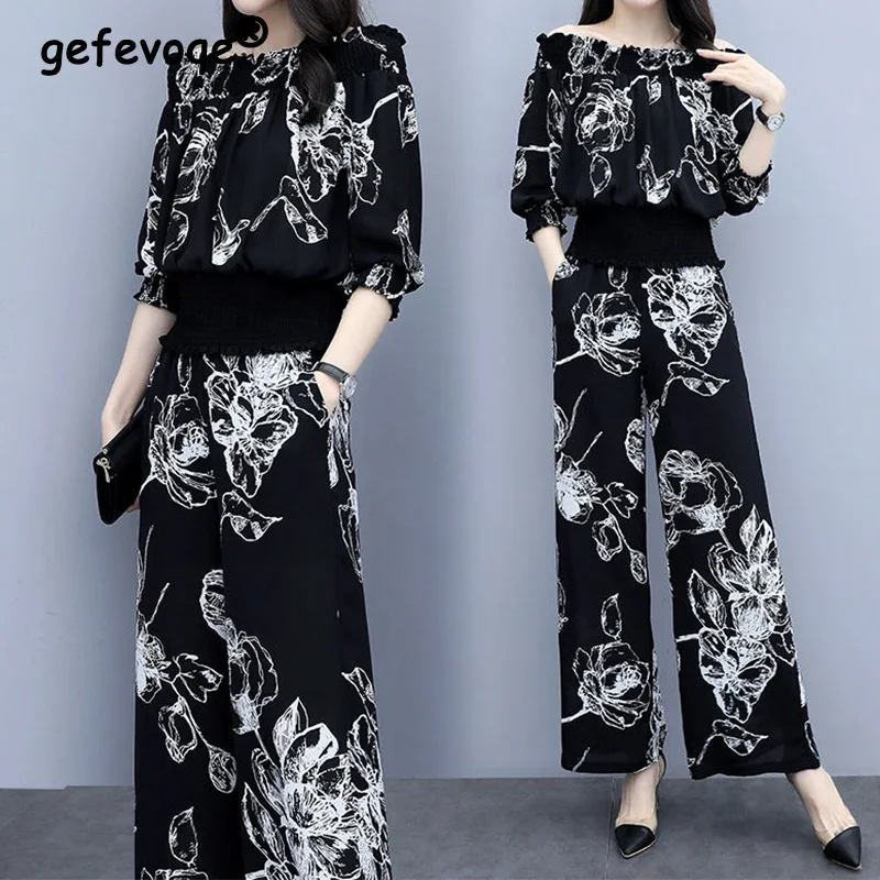 Top Trends: Elegant Fashion Floral Print Pant Sets Summer 2023 Slash Neck Short Sleeve Tunic Blouse Elastic Waist Long Pants Slim Women Sets Shoppable Styles