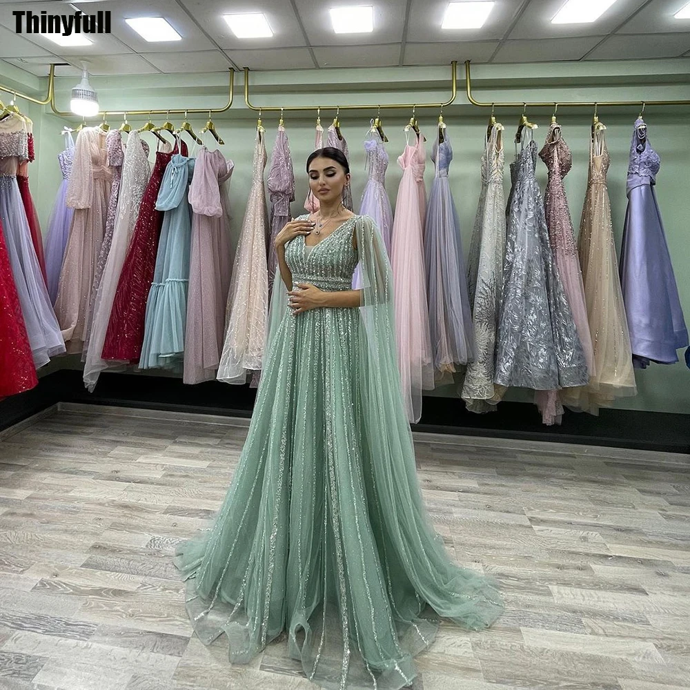 Top Trends: Thinyfull Arabic Sequin Tulle Prom Dresses A-line Long Cap Sleeves Evening Party Dress Formal Occasion Gown Robe De Soirée 2024 Shoppable Styles