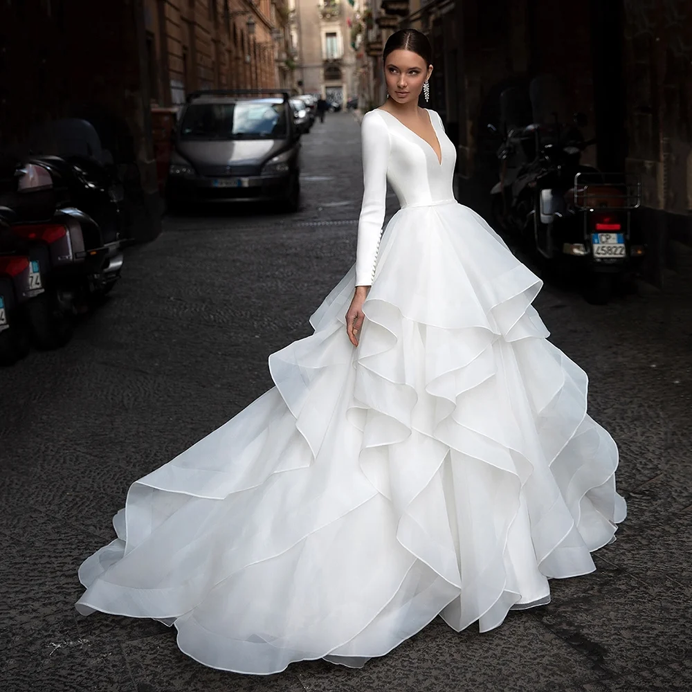 Top Trends: Weilinsha 2022 Elegant Ball Gown Wedding Dress V-Neck Satin Long Sleeves Organza Ruffles Gowns Plus Size Shoppable Styles