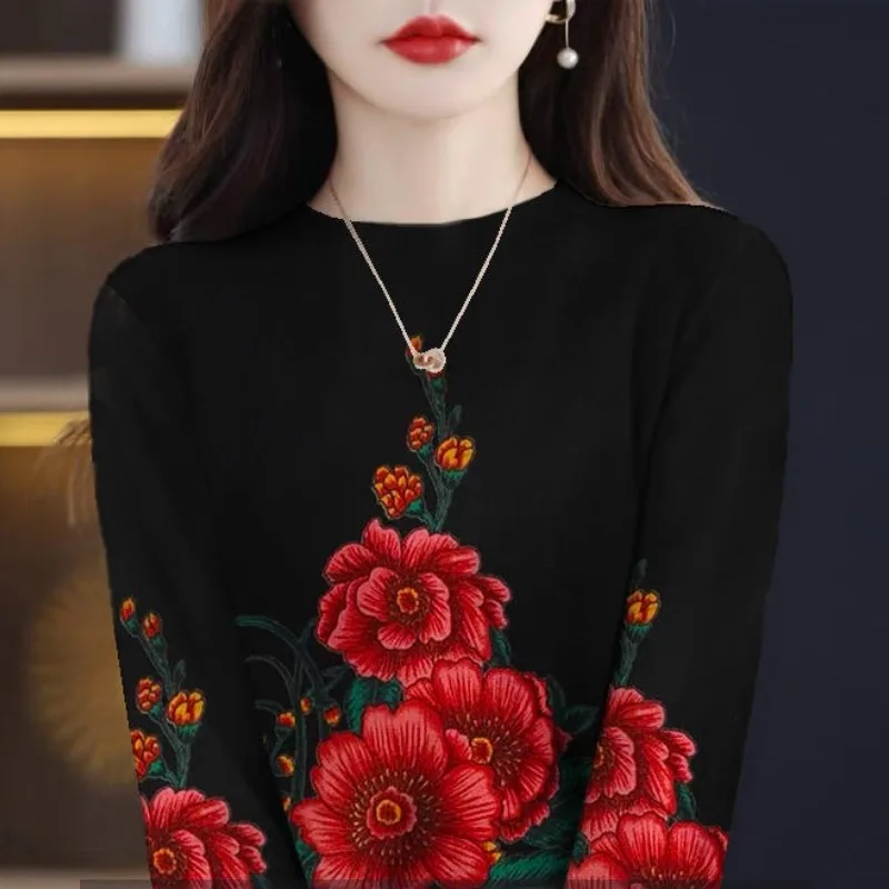 Top Trends: Fashion Printed T-shirt Women&#039;s 2023 Autumn And Winter New Commute Solid Color Flower Long Sleeve Loose Round Neck Pullover Tops Shoppable Styles