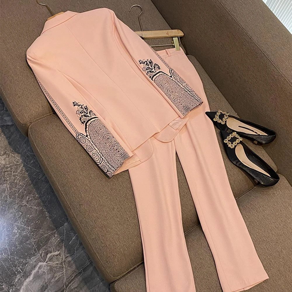 Top Trends: Vintage Printed Full Sleeve Single Button Fashion Elegant Women Pink Blazer Pencil Pants Business Suit Casual 2-Piece Autumn New Shoppable Styles - Image 2