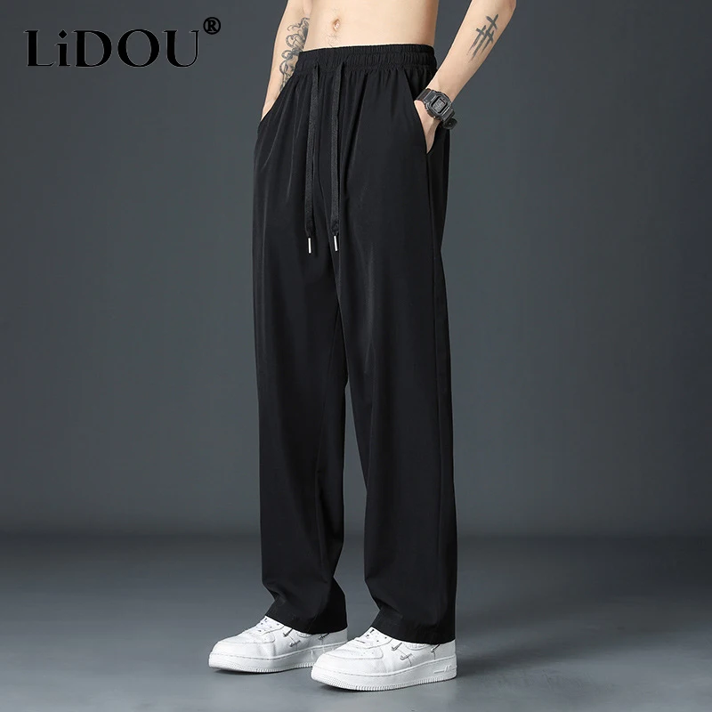 Top Trends: 2023 Summer New Solid Color Fashion Loose Comfortable Straight Pants Man Elastic Waist Drawstring Pockets Street Wide Leg Trouse Shoppable Styles