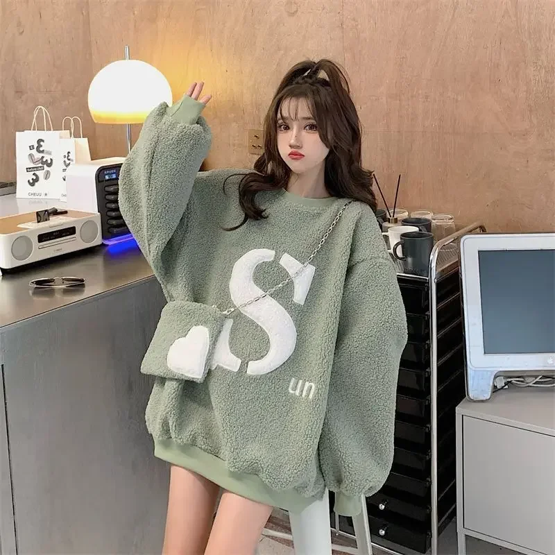 Top Trends: Women Lamb Hoodies With Bag Lady Letter Sweatshirt Femal Loose Outerwear Long Pullover 2023 Spring Fall Winter Warm Clothing Shoppable Styles