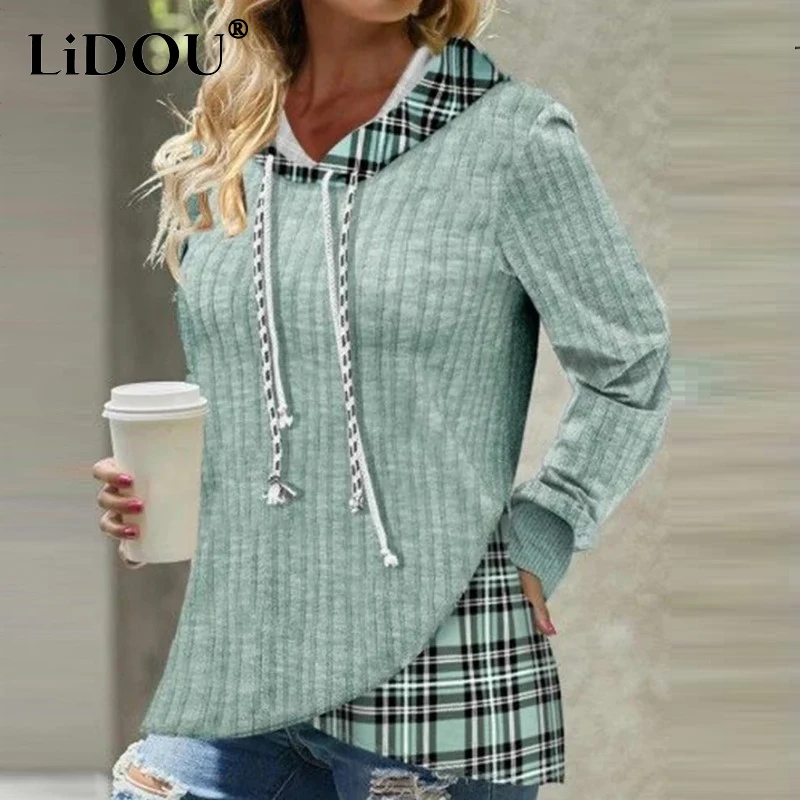 Top Trends: Autumn Winter Vintage Plaid Knitting Patchwork Hoodies Women &#039;s Loose Casual Hooded Sweater Top Female Fashion All-match Jumpers Shoppable Styles