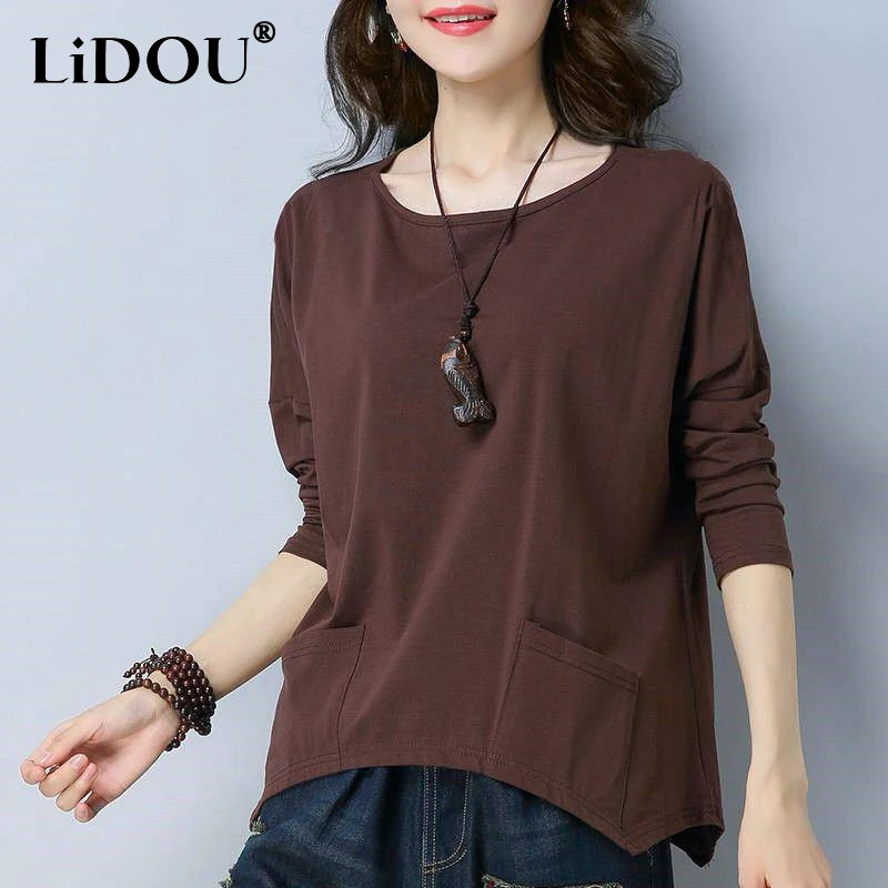 Top Trends: 2023 Spring Autumn New Solid Color Fashion Round Neck Long Sleeve T-shirt Women Casual Loose Pockets Elegant All-match Pullovers Shoppable Styles