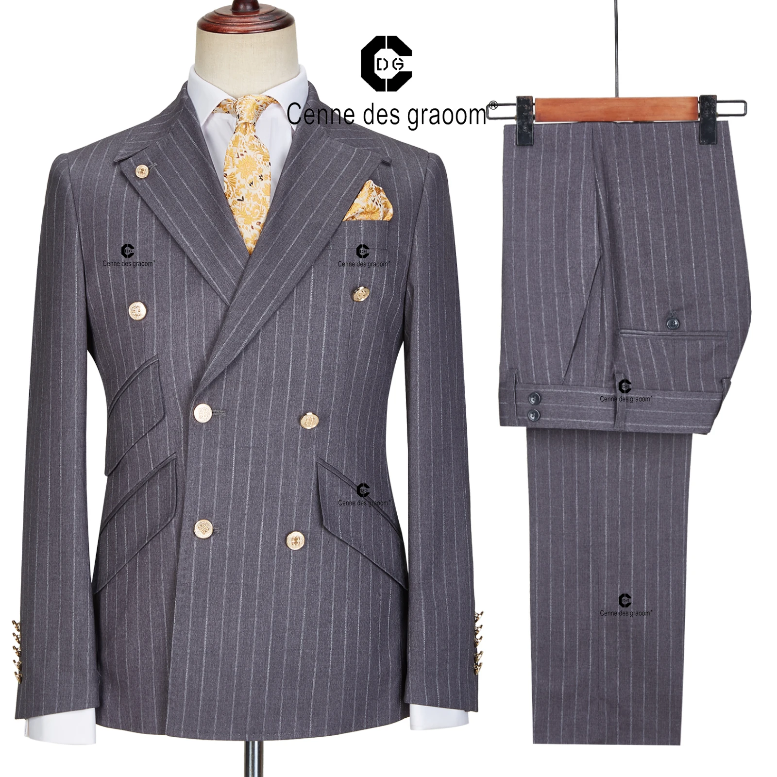 Top Trends: Cenne Des Graoom New Double Breasted Pinstripe Suits For Men Grey Blazer Pants 2 Piece With Golden Button Classic Wedding Groom Shoppable Styles