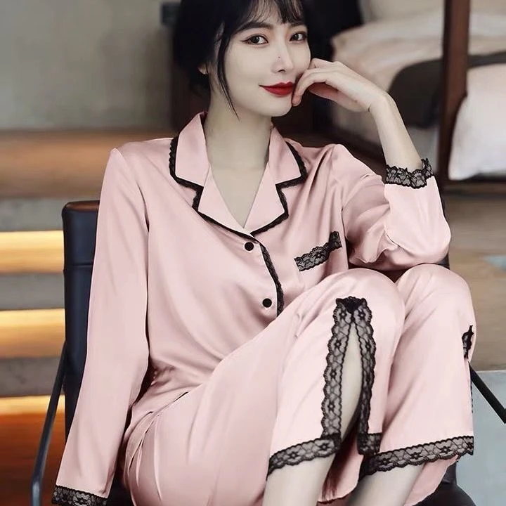 Top Trends: Spring Autumn New Soft Stain Women&#039;s Pajamas Set Long-sleeved Trousers Two-piece Set Lace Silk Home Wear Clothes For Women Shoppable Styles