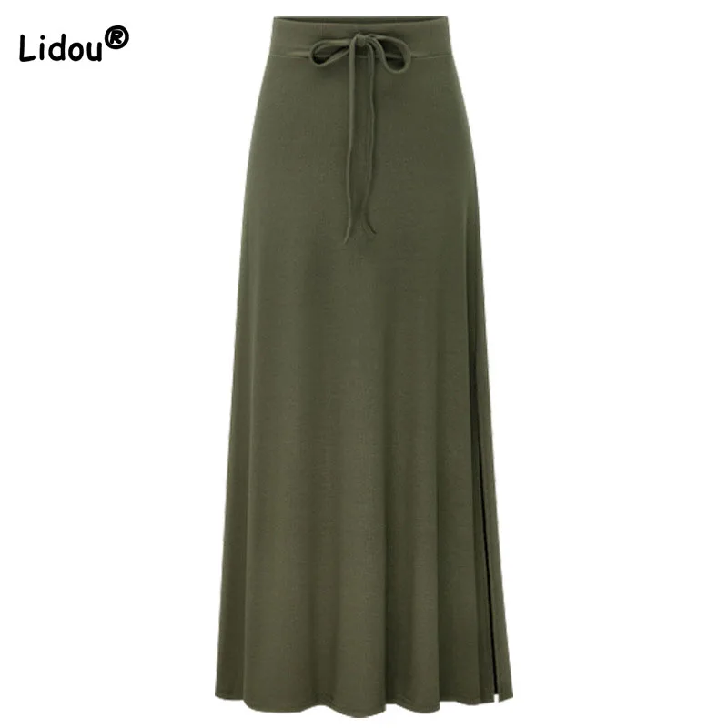 Top Trends: Casual Simplicity Female Elastic Waist Lace Up Skirt A-Line Fashion All-match Solid Color Knitted Midi Skirts Women&#039;s Clothing Shoppable Styles