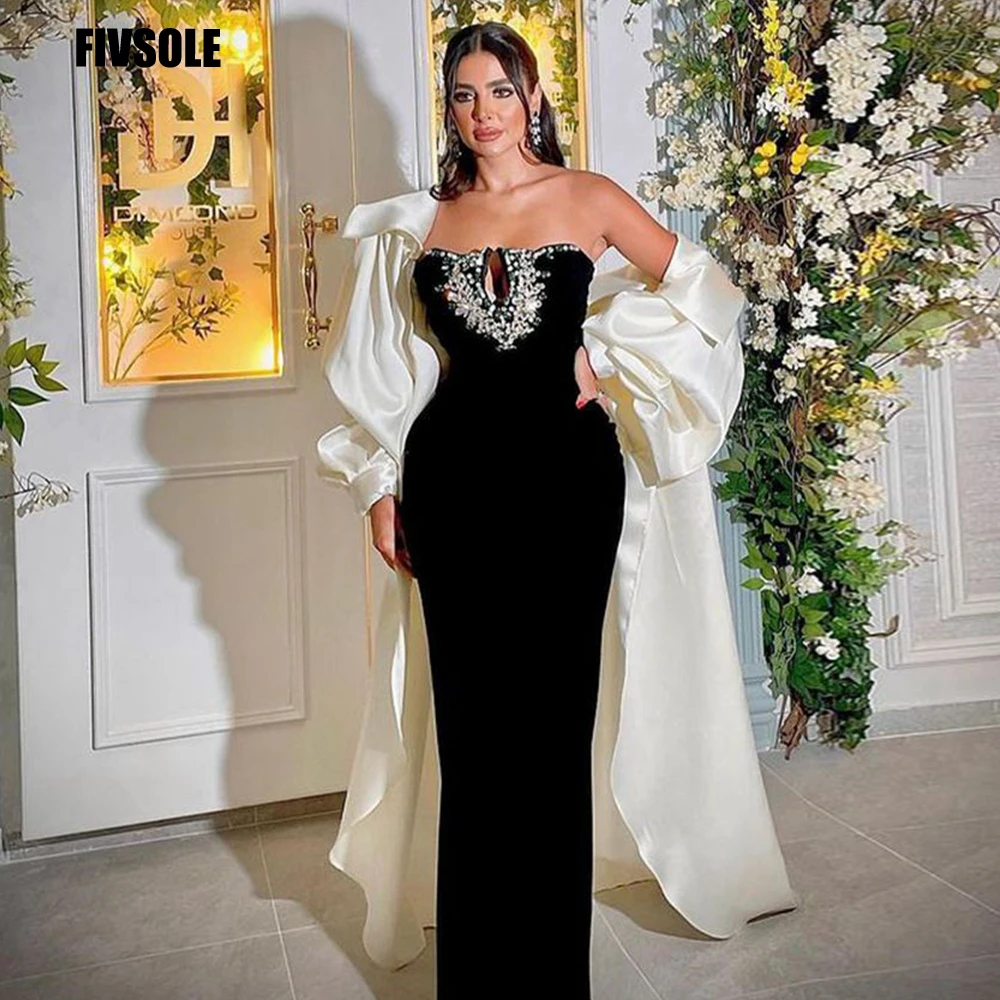 Top Trends: Fivsole Black Saudi Arabia Evening Dress With Long Champagne Jacket Cape Puff Sleeves Event Gowns Dubai Prom Dress Robes De Bal Shoppable Styles