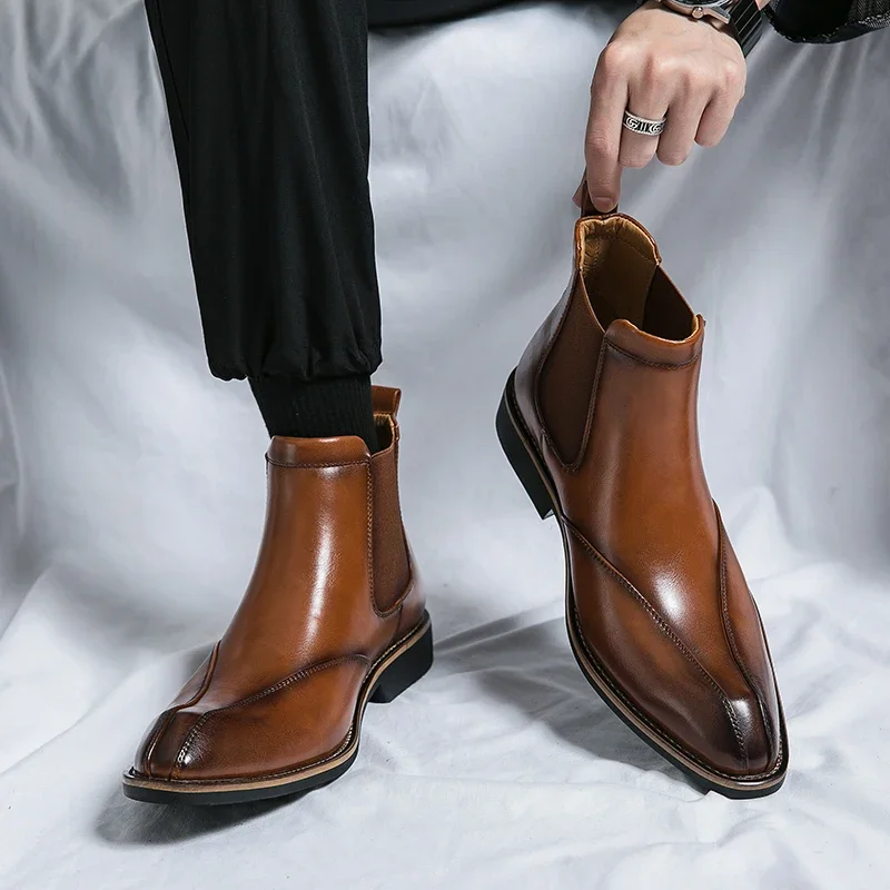 Top Trends: New Brown Chelsea Boots For Men Ankle Business Square Toe Slip-On Mens Boots Size 38-45 Shoppable Styles