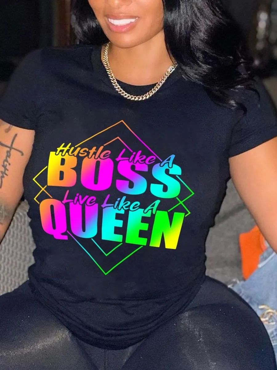 Top Trends: LW Plus Size Woman Clothes Gradient Queen Rainbow Letter Print Round Neck Short Sleeve Casual Black T-shirt Shoppable Styles