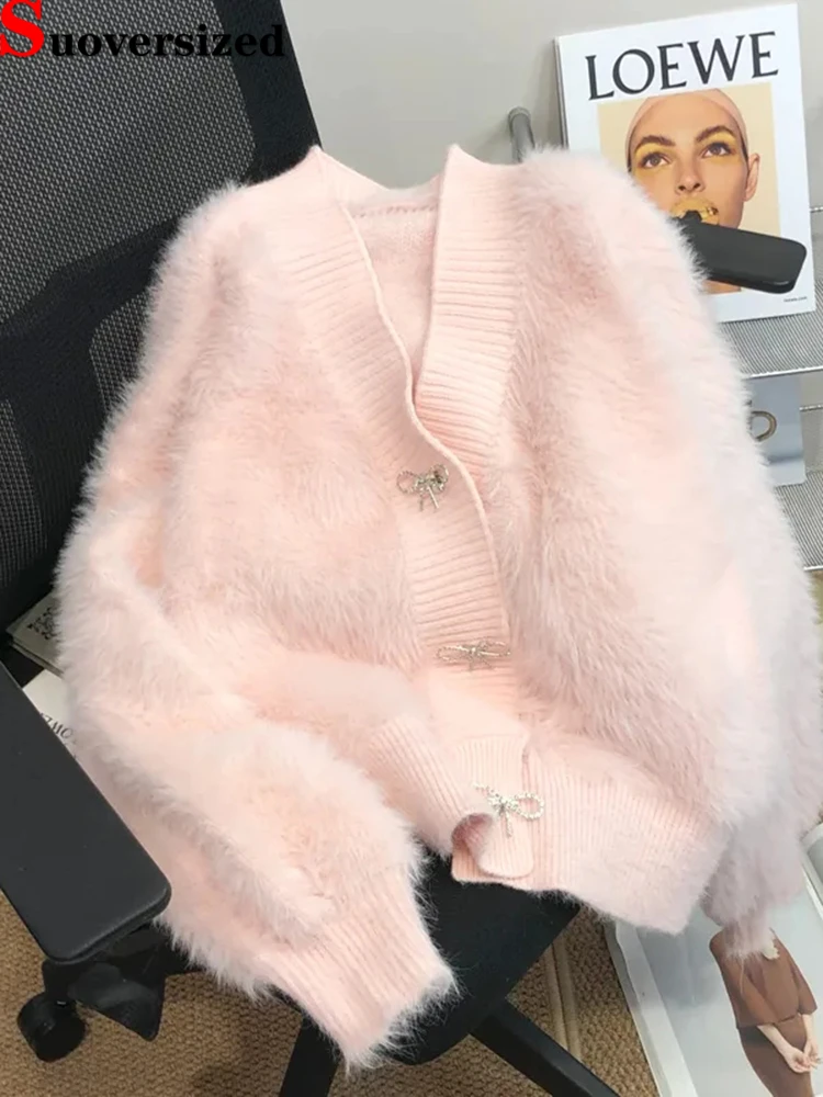 Top Trends: Korean Imitation Mink Knitted Cropped Tops Women Spring Fall Soft Cardigan Bow High Quality Pink Sweater Casual Knitwear Coat Shoppable Styles