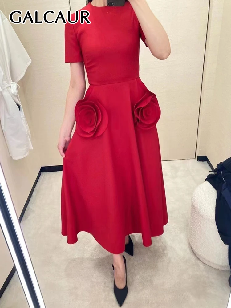 Top Trends: GALCAUR Solid Patchwork Appliques Dresses For Women Round Neck Short Sleeve High Waist Elegant Minimalist Slimming Dress Female Shoppable Styles