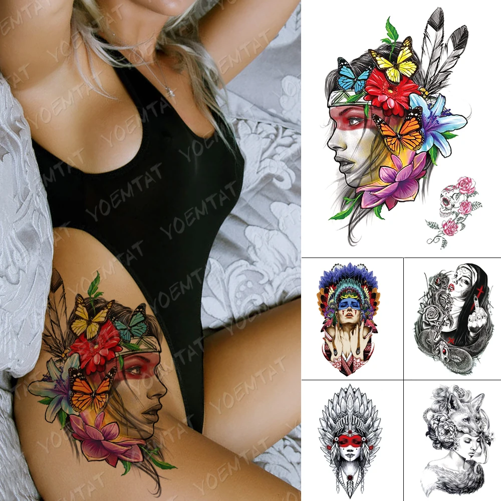 Top Trends: Waterproof Temporary Tattoo Sticker Butterfly Flowers Indian Girl Flash Tattoos Color Feathers Body Art Arm Fake Tatoo Women Men Shoppable Styles