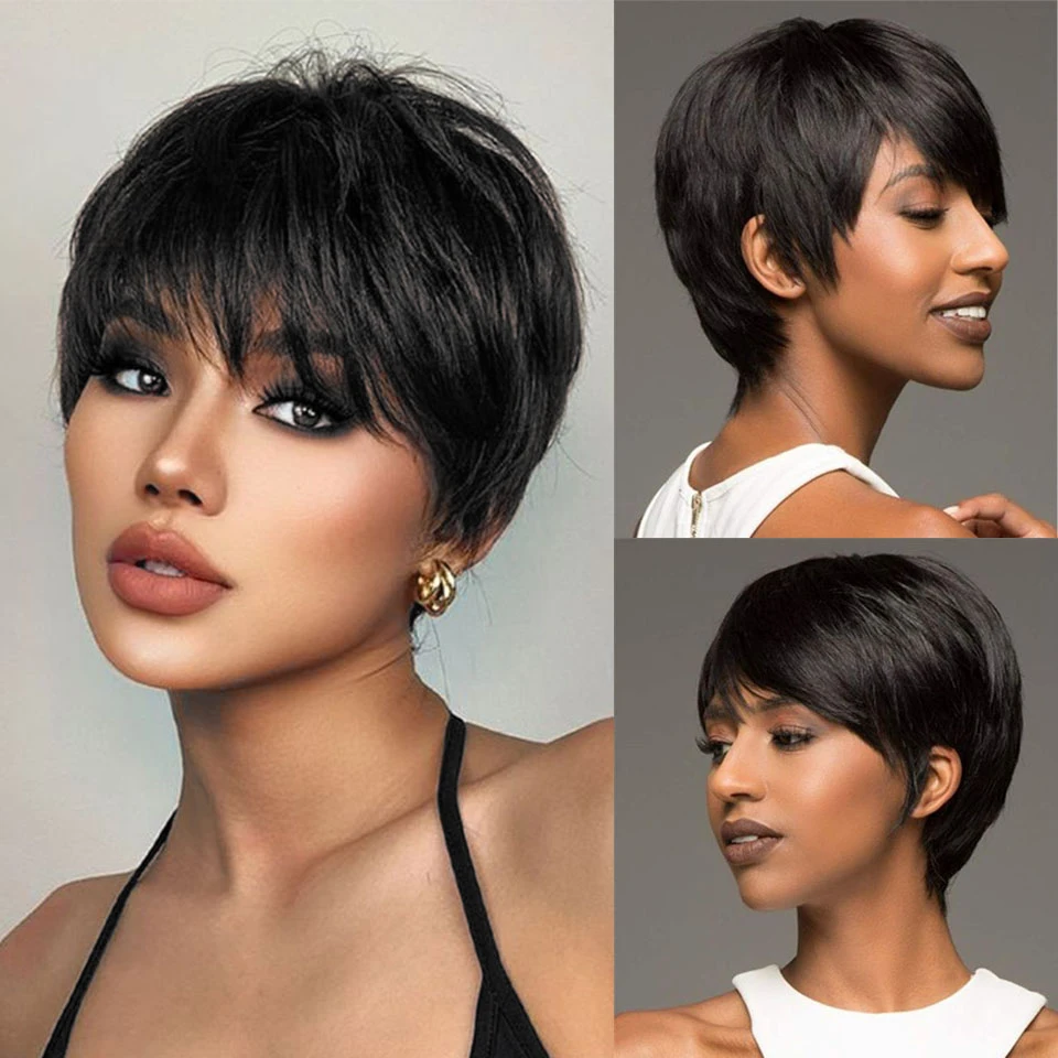 Top Trends: Natural Short Bob Pixie Cut Wigs Short Straight Black Color Bob Pixie Cut Wavy Human Hair Wig With Bangs For Black Women Remy Shoppable Styles