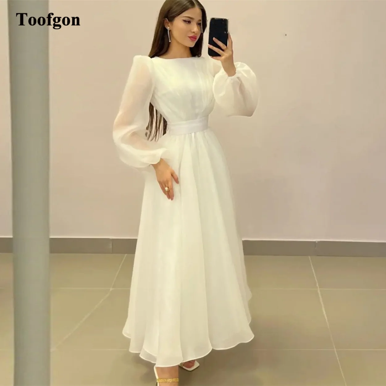 Top Trends: Toofgon A Line Organza Midi Bride Wedding Dresses Long Sleeves Bridal Gowns Ankle Length Boho Women Party Dress Robe De Mariage Shoppable Styles